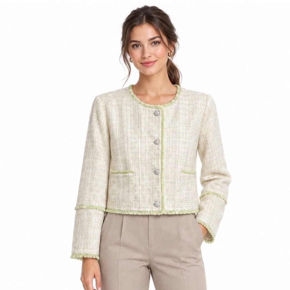 Ryegrass Tweed Jacket XL Cream Lime Green Fringe Trim Button Front Cropped